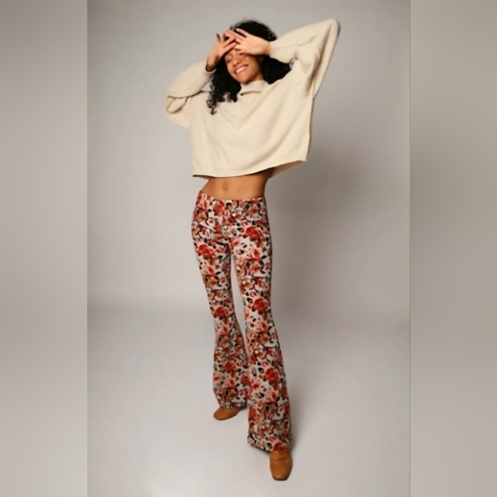 Free People Pull On Corduroy Flares Floral Rose Print Sz 27